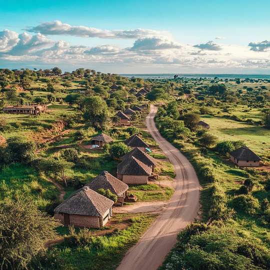 Drohnenaufnahme eines Dorfes im Land