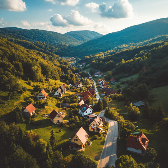 Drohnenaufnahme eines Dorfes im Land