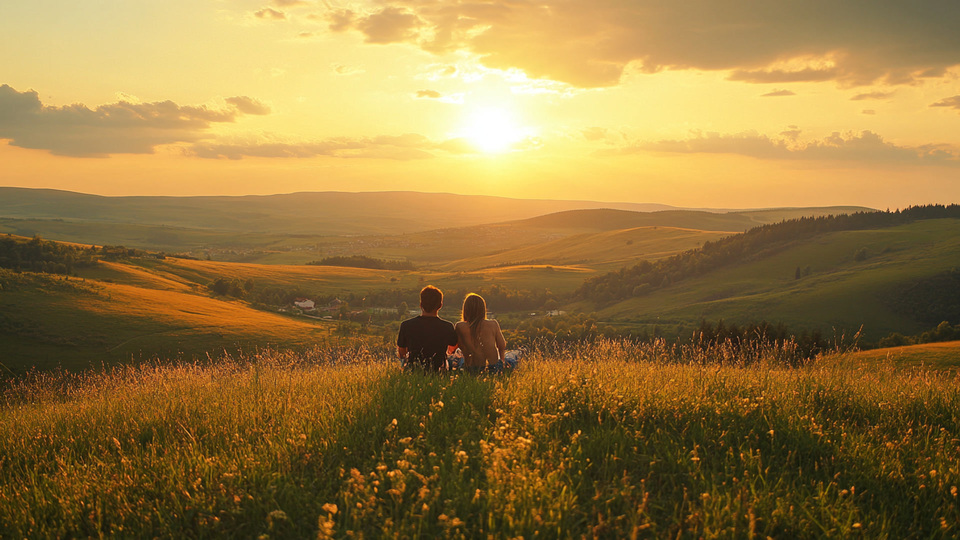 Paar übt Sprache bei Sonnenuntergang