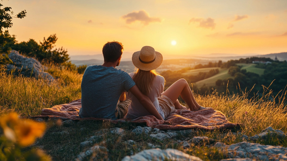 Paar übt Sprache bei Sonnenuntergang