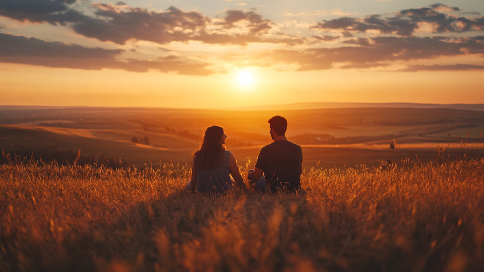Paar übt Sprache bei Sonnenuntergang