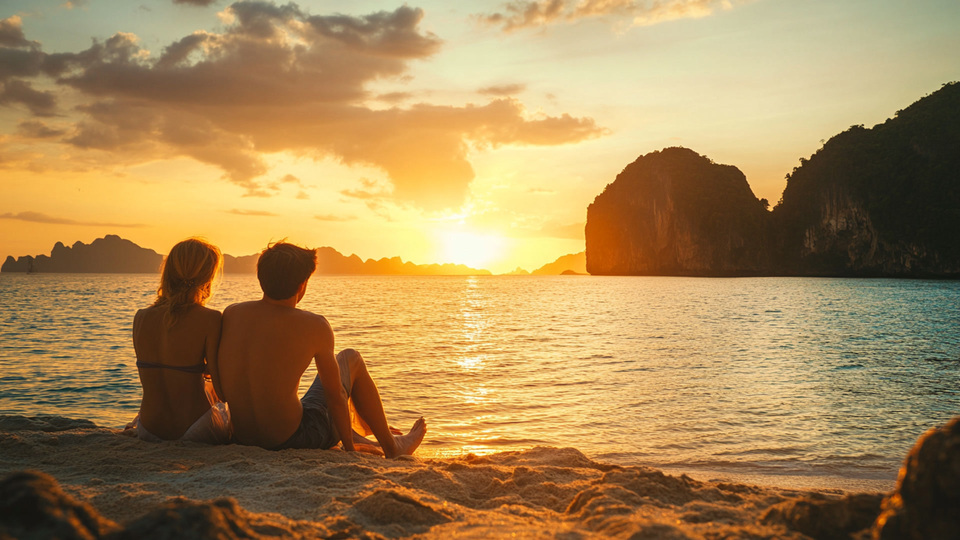Paar übt Sprache bei Sonnenuntergang