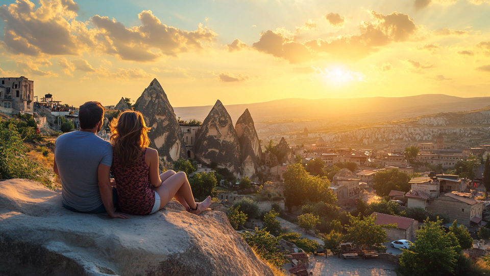 Paar übt Sprache bei Sonnenuntergang