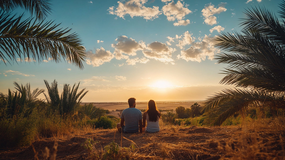 Paar übt Sprache bei Sonnenuntergang