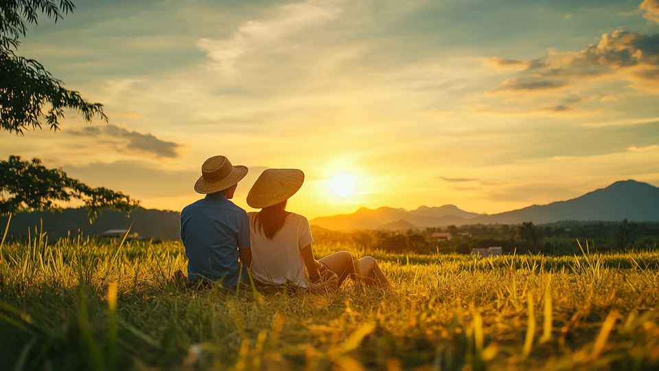Paar übt Sprache bei Sonnenuntergang